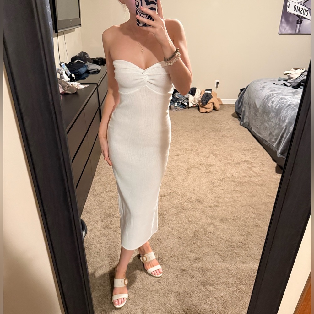White knit bodycon Strapless midi Dress